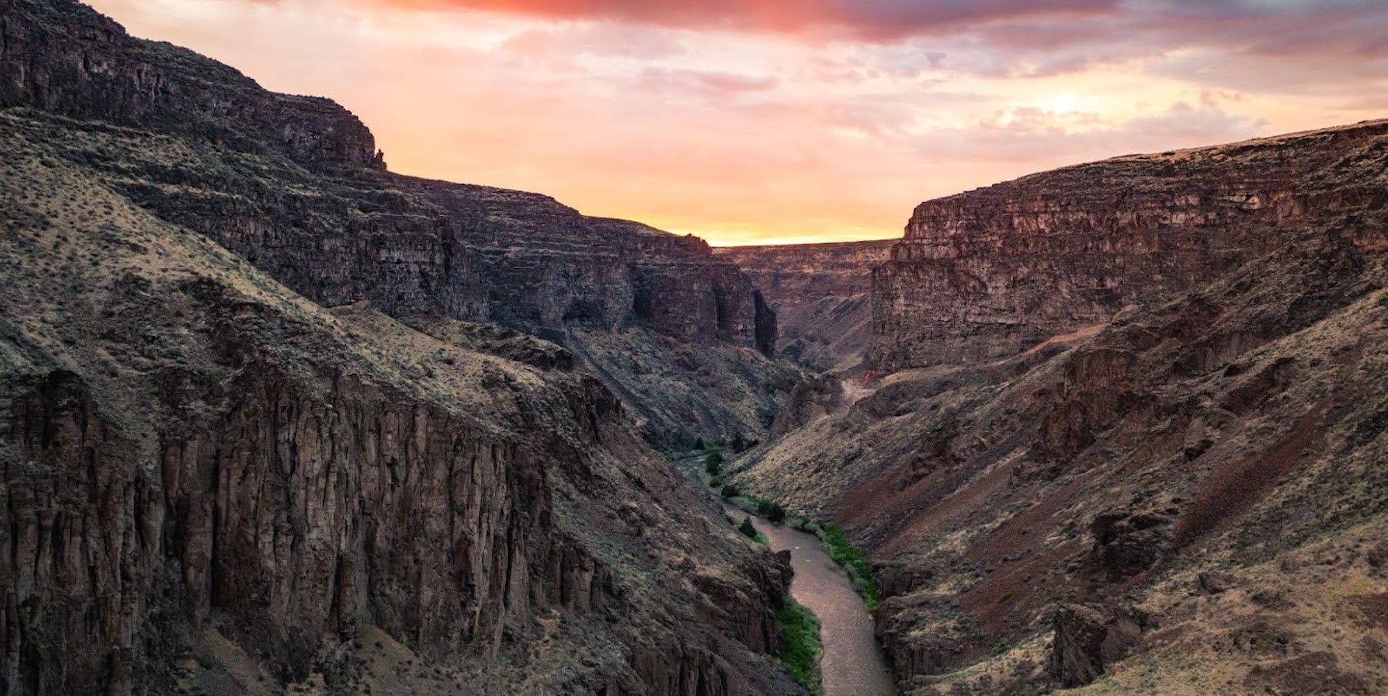 Drone shot of the Bruneau River canyon in Idaho at sunset