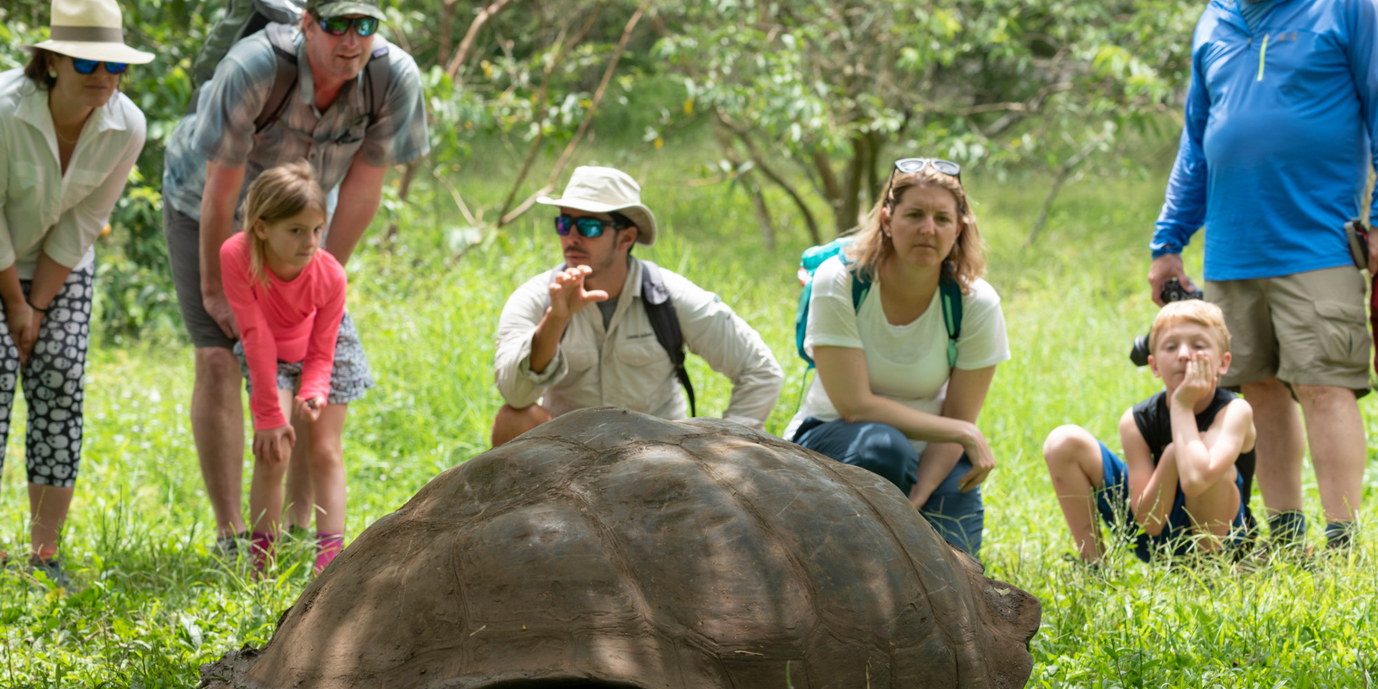Family looking at a giant Galapagos land tortoise as their guide explains the tortoise.