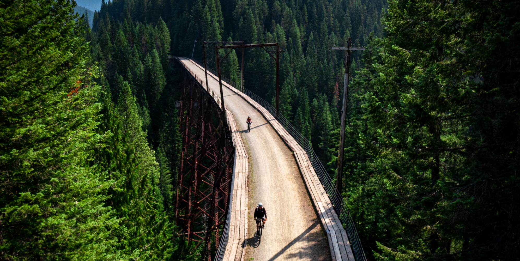 Two people biking on a large bridge in a dense forest in Northern Idaho