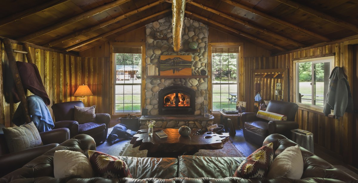 Cozy living room interior or Half Moon Bar Lodge along the Rogue River in Oregon