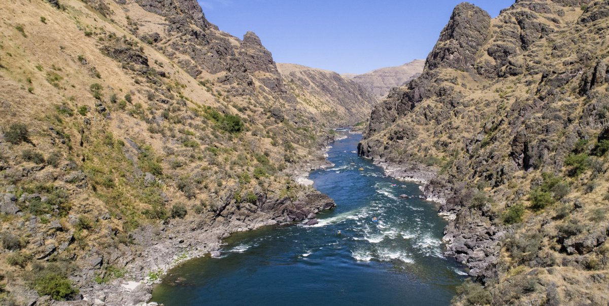Birds eye view looking downstream on a rapid on the Lower Salmon River in Idaho