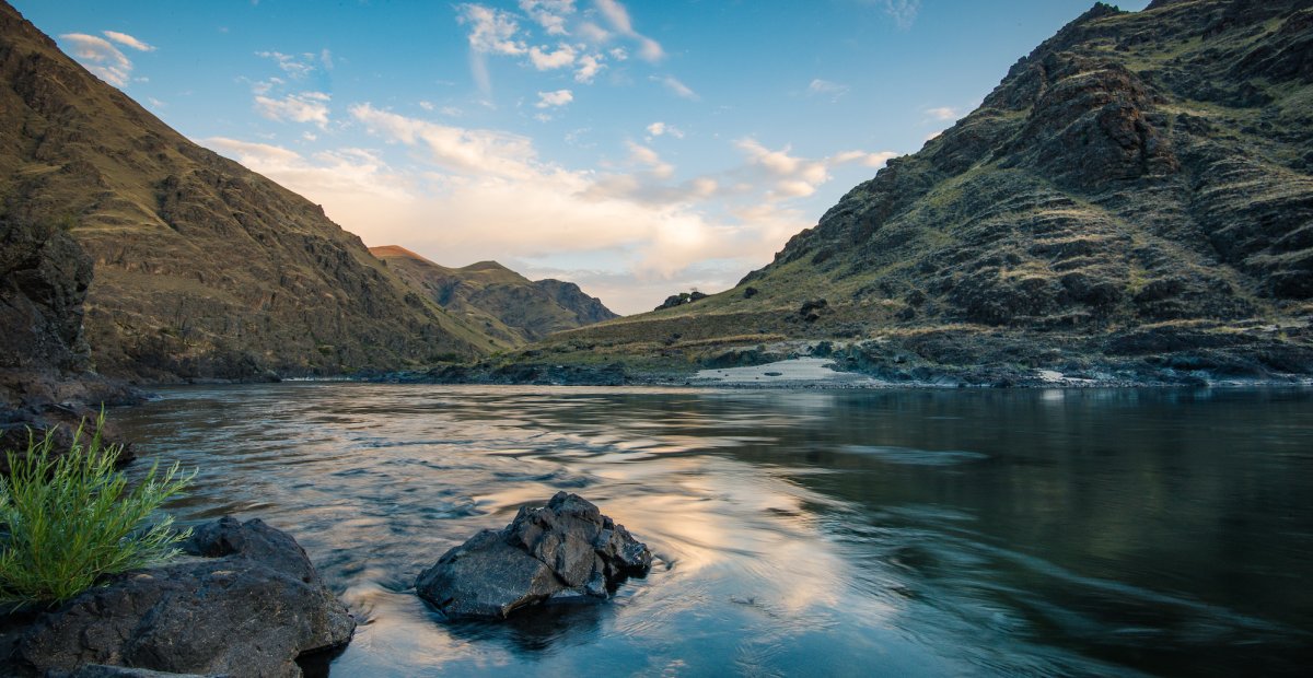 Sunrise on the river, looking downstream on the Main Salmon River in Idaho
