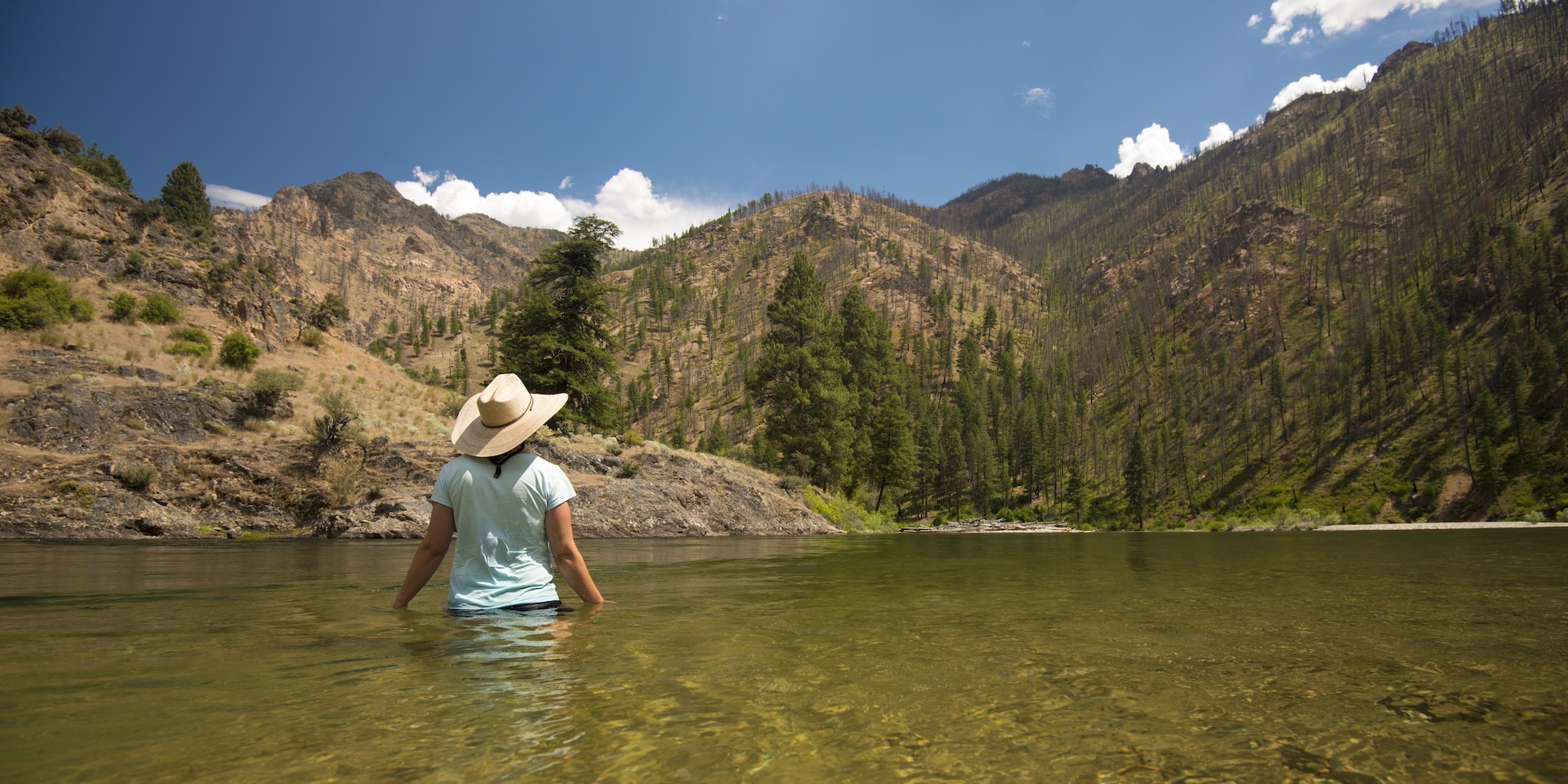 Rafter standing in calm river water beneath steep canyon walls on the Middle Fork of the Salmon, a quiet moment of reflection between rapids.