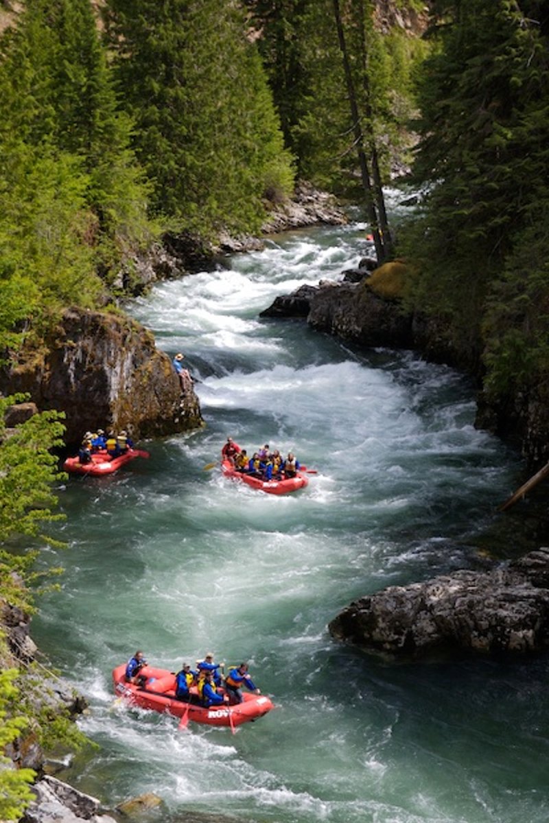 aerial shot of white water rafters