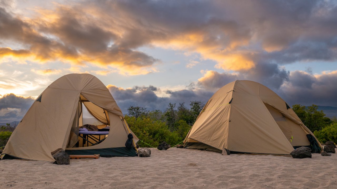 Two double tents with rain flies set up on a beach at sundown