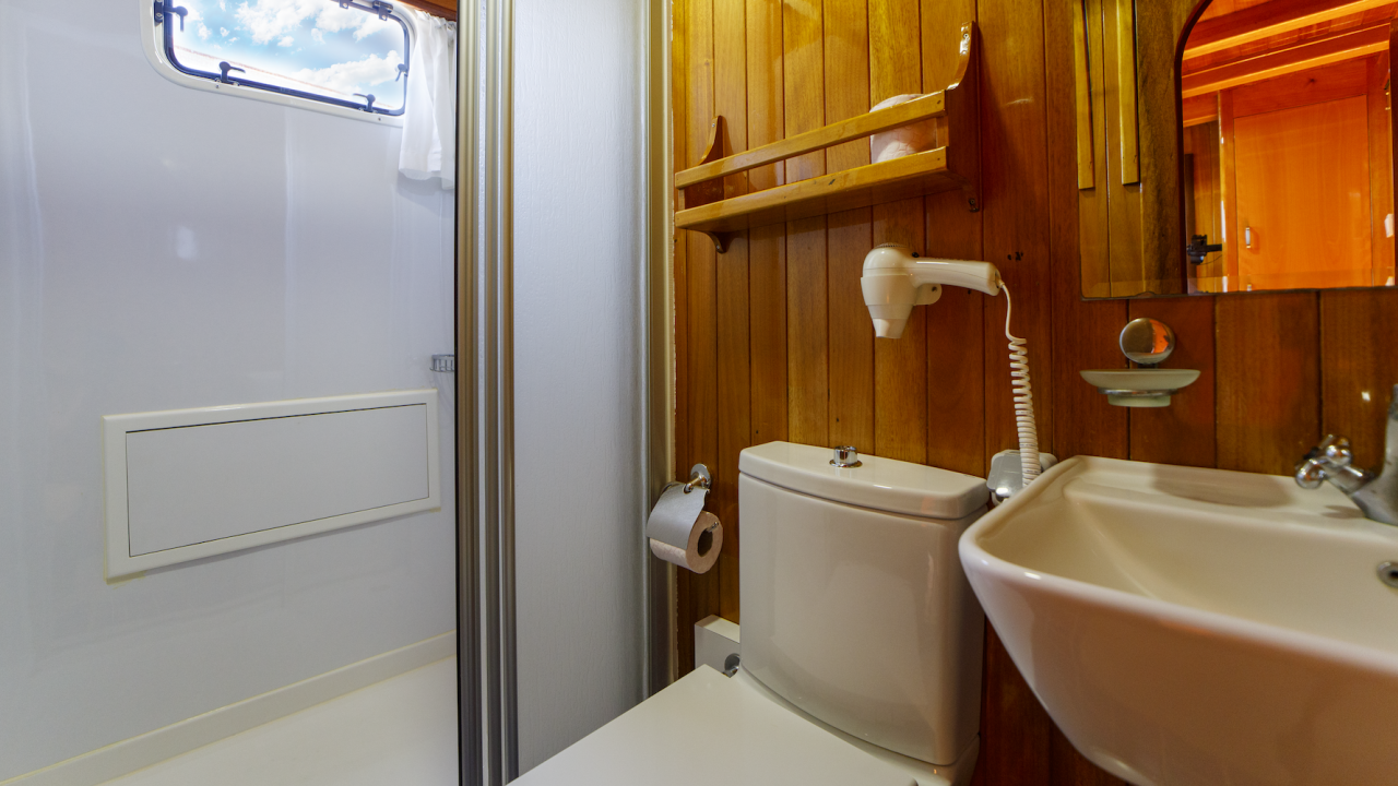 View of a small bathroom consisting of a sink, mirror, toilet, and shower on a small chartered cruise ship in Turkey