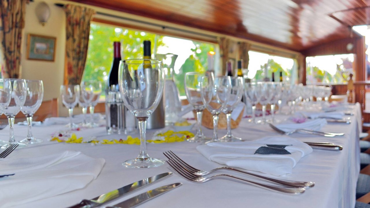 dining room inside french luxury barge