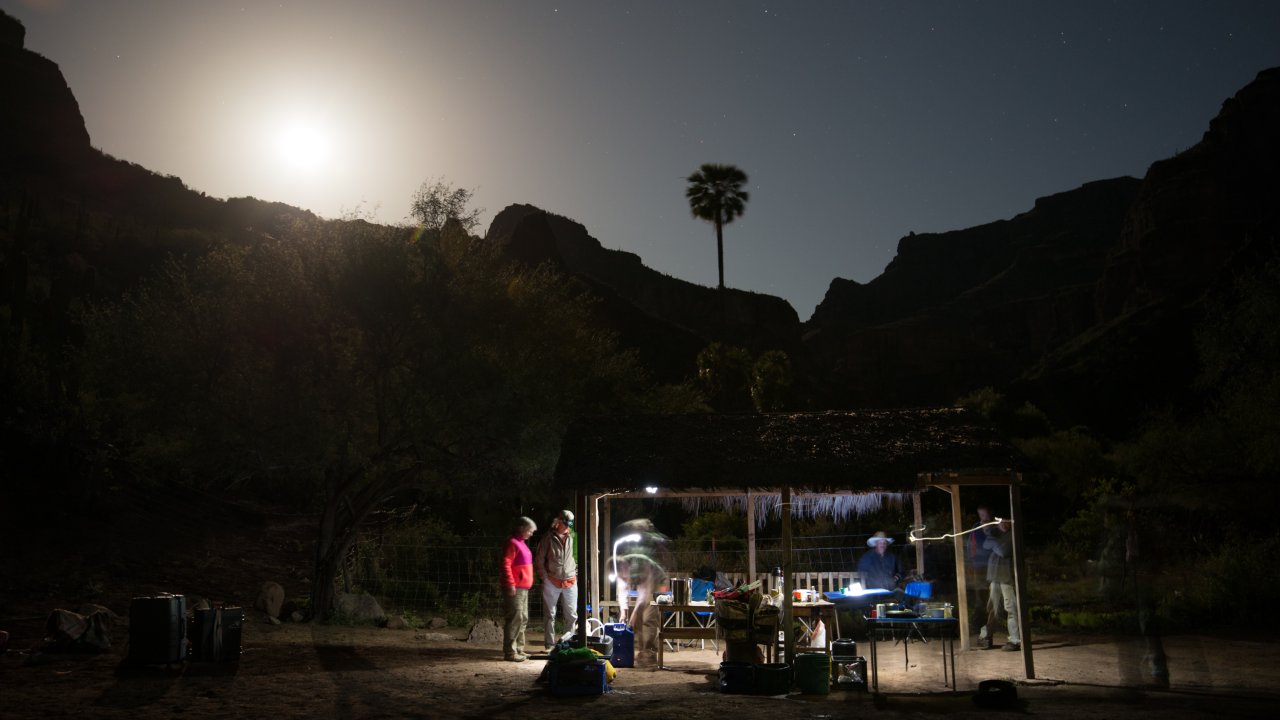 Camp setup in Santa Teresa Canyon after a tour of cave paintings in Baja