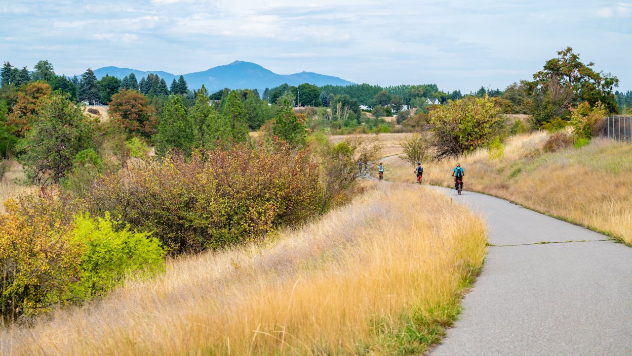 Bikers pedaling away from the camera on a trail in Northern Idaho