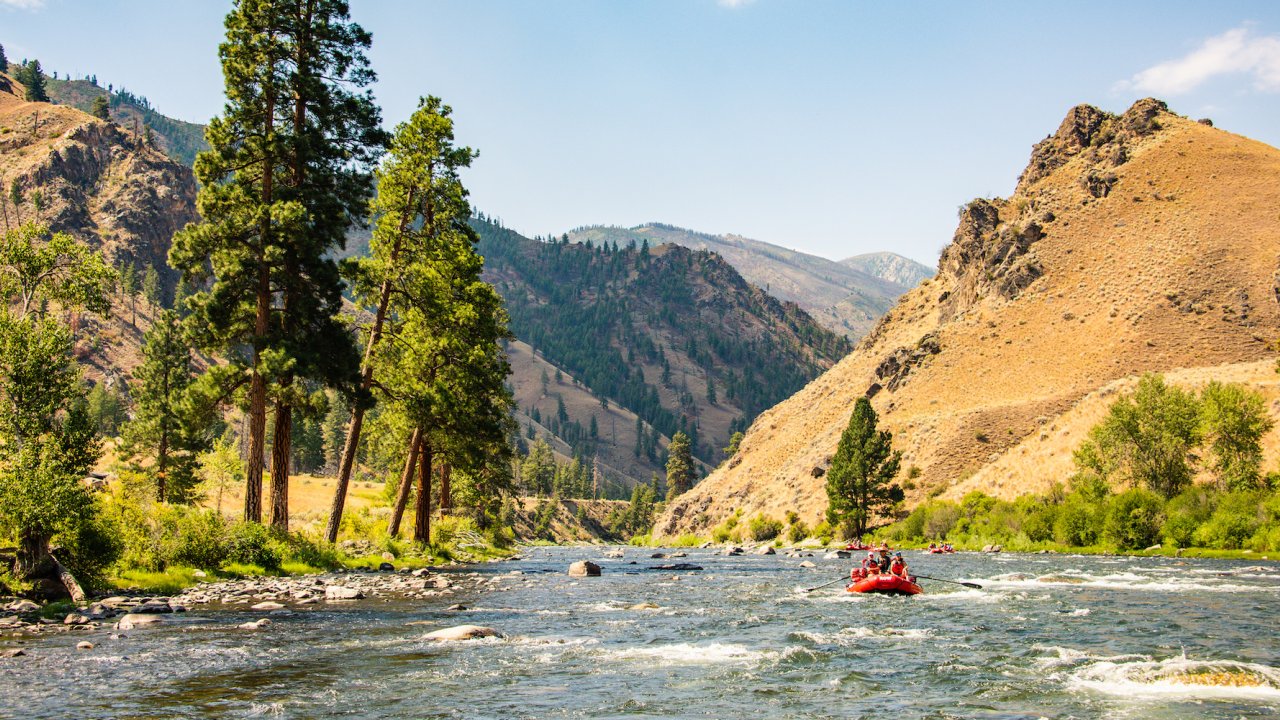 A red raft floating downstream towards the camera on the Middle Fork Salmon River on a sunny day