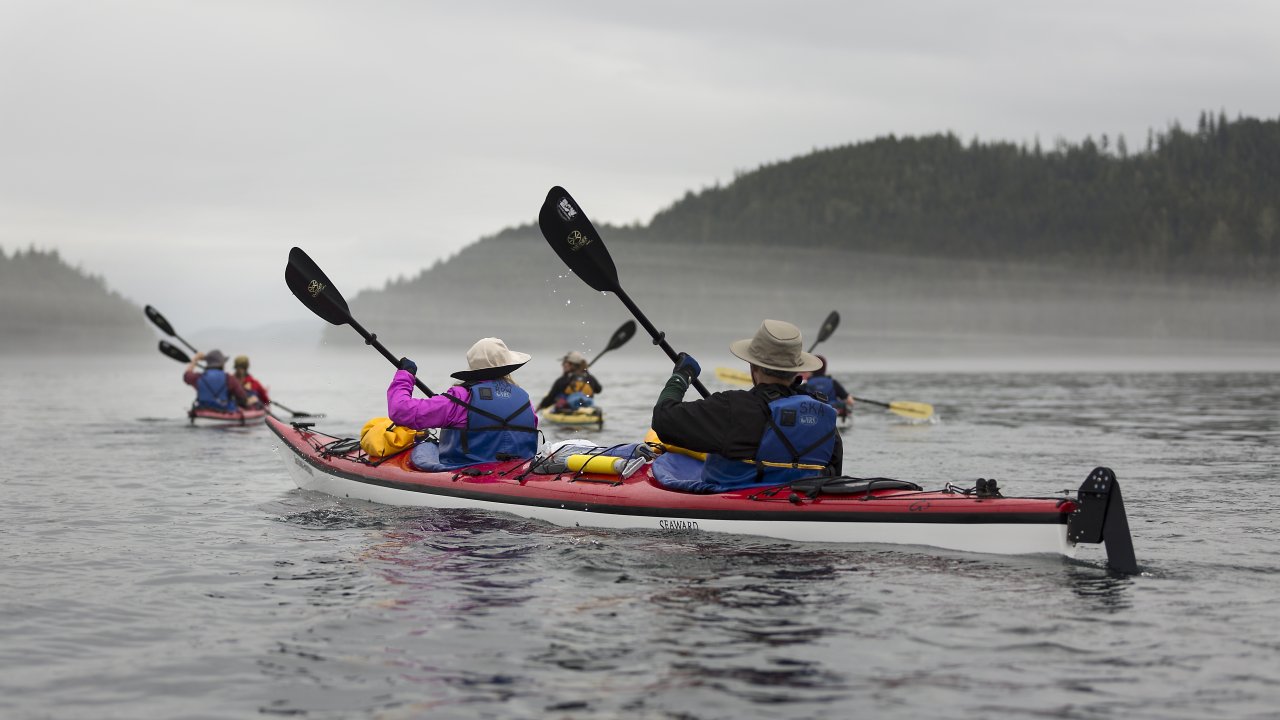 Tandem Sea kayakers on the pacific ocean off the coast of Vancouver Island on a foggy morning