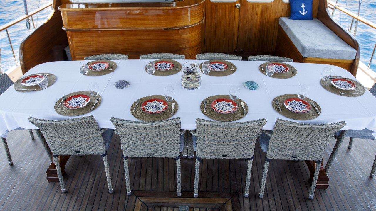 A table set up aboard a ship in Turkey for small group cruising