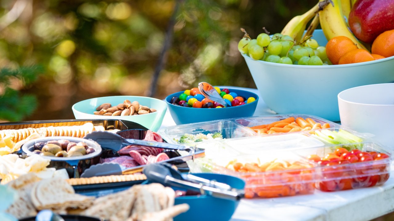 Fresh fruit and snacks laid out for cyclists on a guided biking tour in northern Idaho