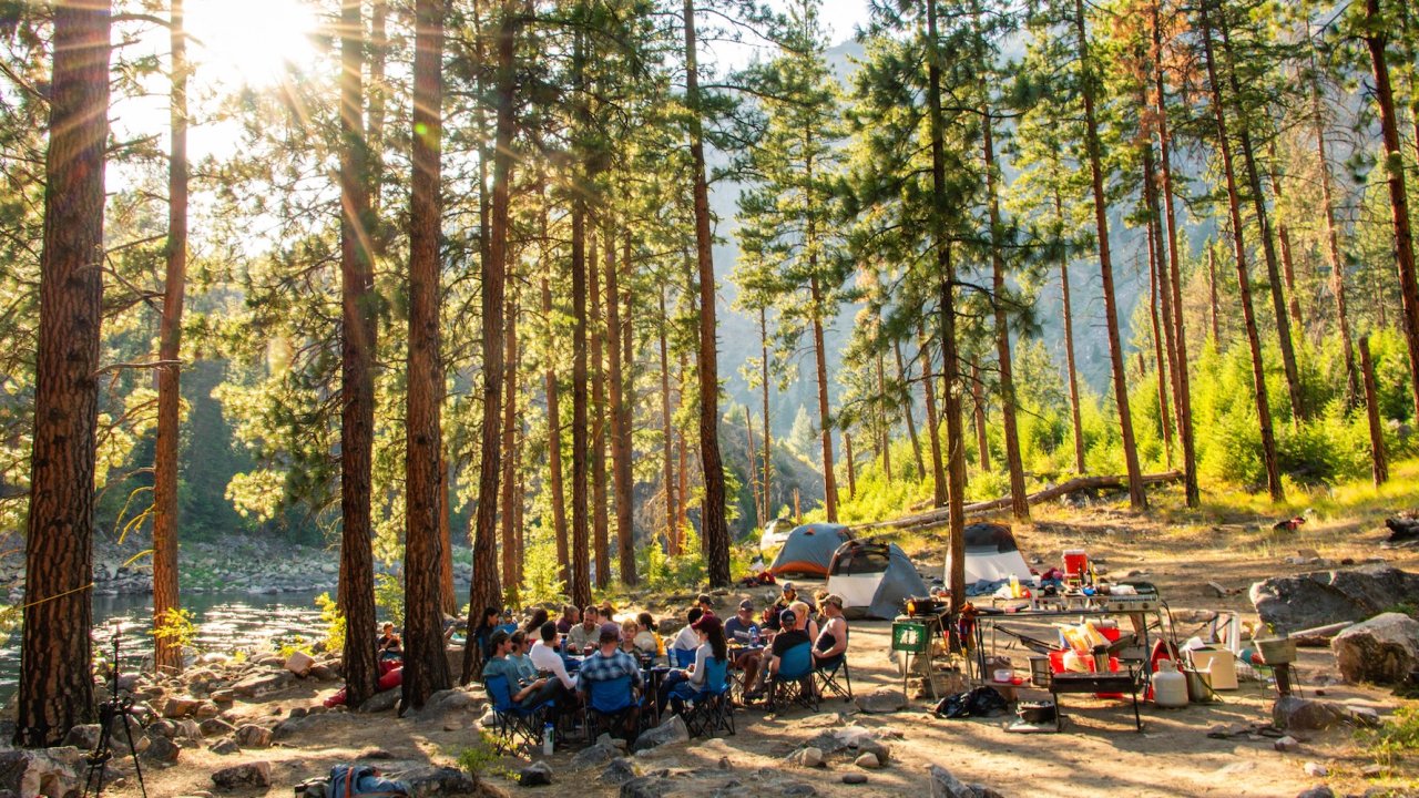 Riverside camp set among tall pines with guests gathered for a meal.