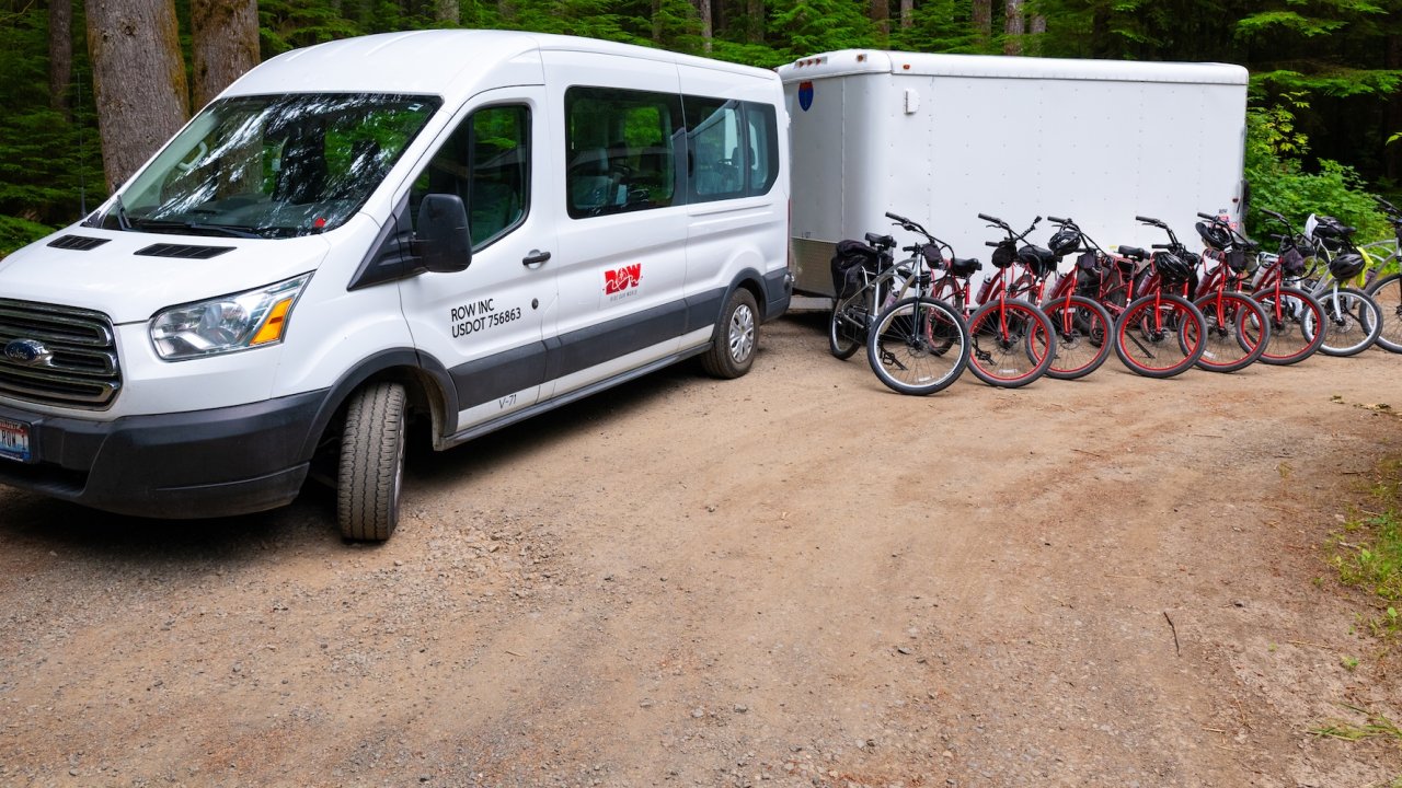 ROW Adventures support van and e-bikes ready for the Oregon bike tour, offering full vehicle support for riders