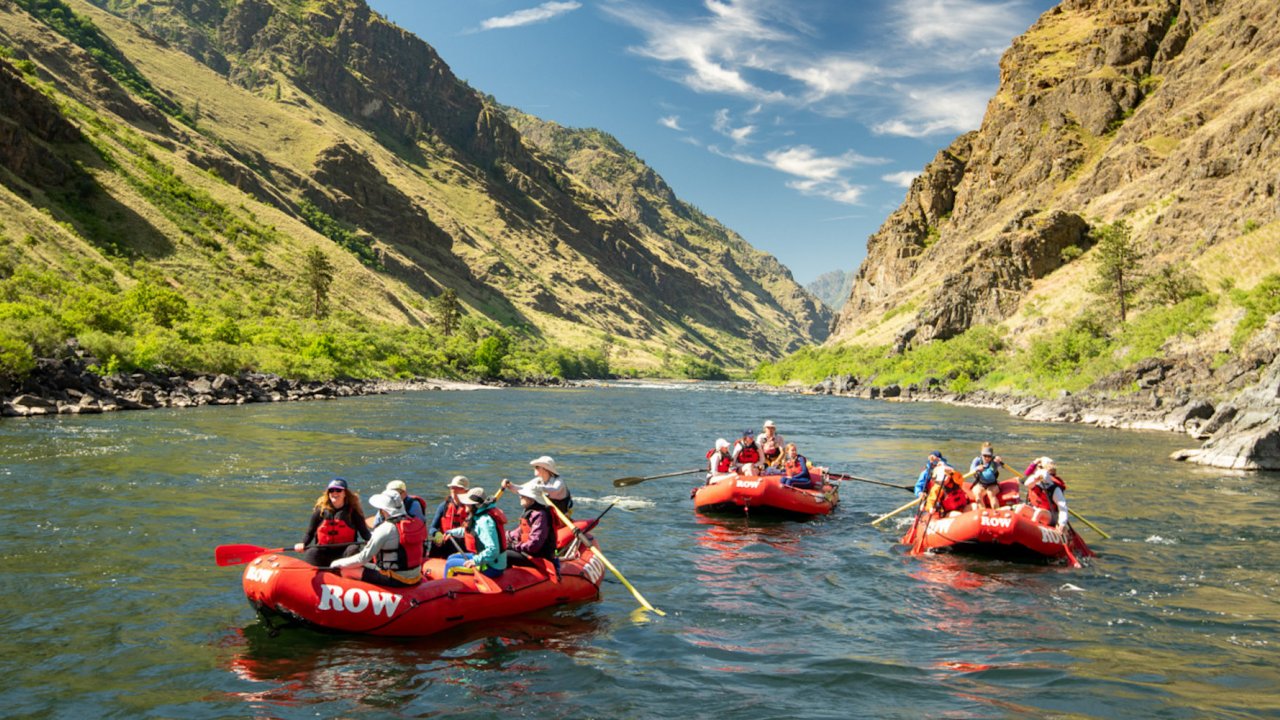 A group of rafts on the Snake River in Hells Canyon on a sunny day