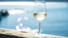 Glass of white wine overlooking the ocean off the coast of Vancouver Island