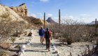 Two hikers on trail surrounded by rocks, cacti, and other desert greenery