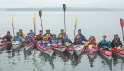 Sea kayakers with their paddles up celebrating the completions of their multi-day sea kayaking trip in British Columbia off Vancouver Island.