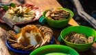Riverside appetizer spread with cheese, meats, and crackers on a main Salmon River rafting trip.
