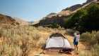 tent set up along the Deschutes River in Oregon