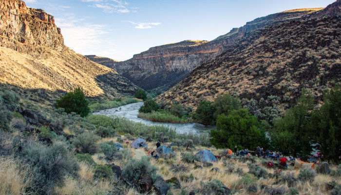 Panoramic view of the Bruneau River at sunset with 